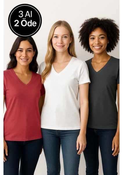 Kadın 3'lü Paket Antrasit-Beyaz-Pembe Oversize Tişört %100 Pamuk V Yaka T-Shirt indirimleri