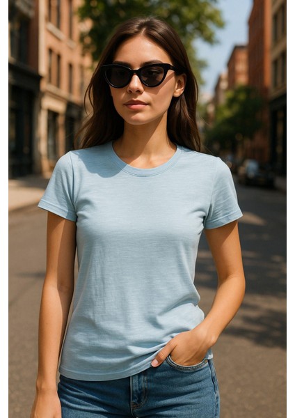 Kadın %100 Organik Pamuklu Relaxed Yıkamalı T-Shirt Bisiklet Yaka Kısa Kollu Kadın Basic Tişört