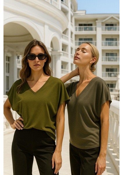 Kadın Haki Viskon Ön Arka V Yakalı T-Shirt Yarasa Kol Relaxed Bluz modelleri