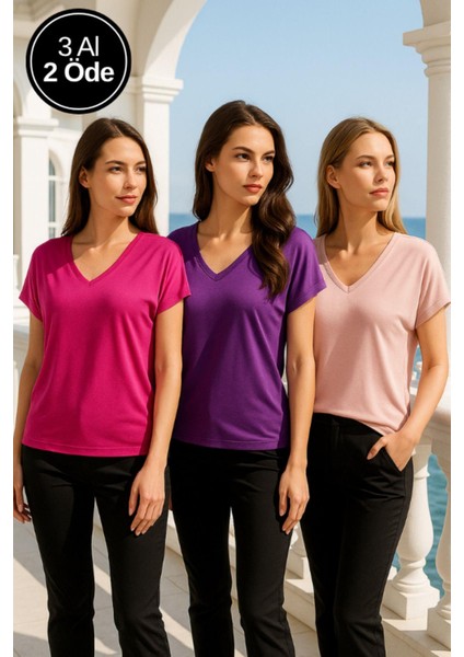 Kadın 3'lü Paket Mor-Pembe-Pudra Viskon V Yakalı T-Shirt Kısa Kollu Rahat Kesim Bluz