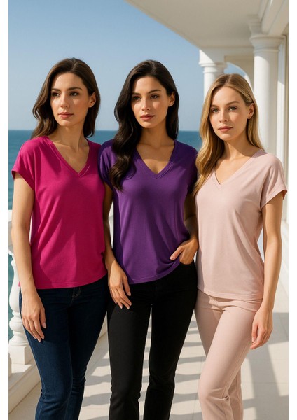 Kadın 3'lü Paket Mor-Pembe-Pudra Viskon V Yakalı T-Shirt Kısa Kollu Rahat Kesim Bluz fiyatları