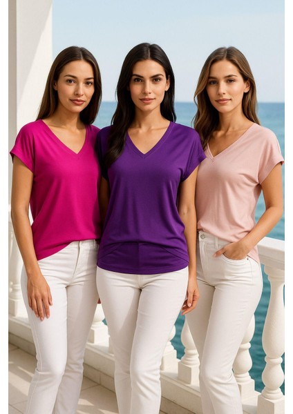 Kadın 3'lü Paket Mor-Pembe-Pudra Viskon V Yakalı T-Shirt Kısa Kollu Rahat Kesim Bluz fırsatları
