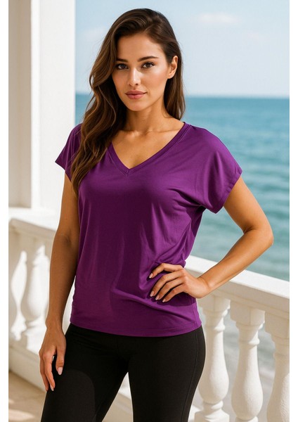 Kadın 3'lü Paket Mor-Pembe-Pudra Viskon V Yakalı T-Shirt Kısa Kollu Rahat Kesim Bluz indirimleri