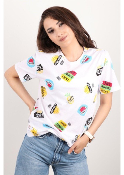 Kadın Baskılı Bisiklet Yaka Oversize T-Shirt