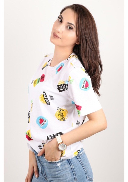 Kadın Baskılı Bisiklet Yaka Oversize T-Shirt fiyatları