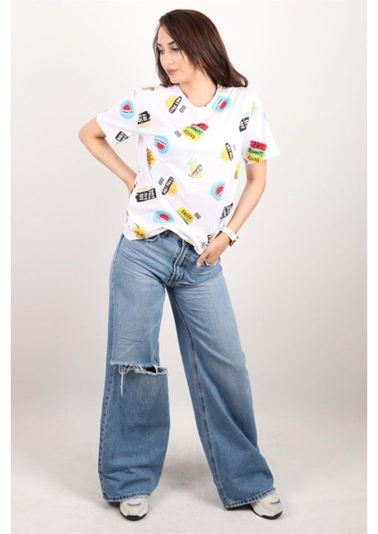 Kadın Baskılı Bisiklet Yaka Oversize T-Shirt modelleri