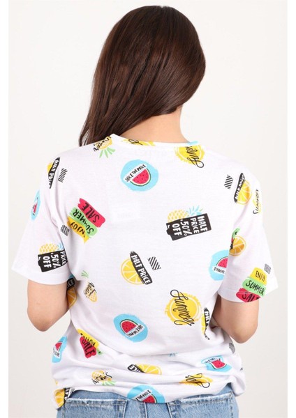 Kadın Baskılı Bisiklet Yaka Oversize T-Shirt fırsatları