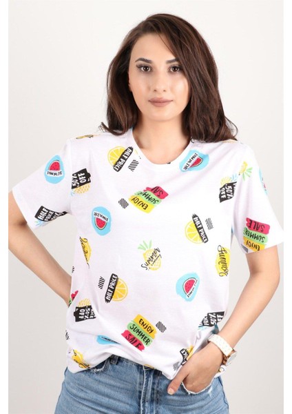 Kadın Baskılı Bisiklet Yaka Oversize T-Shirt indirimleri