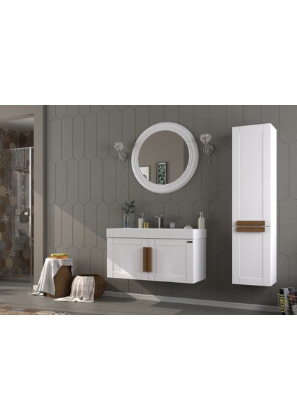 Pio 100CM Antique White (Beyaz) Ahşap Kulplu Banyo Dolabı (Ayna+Lavabo+Alt Dolap)