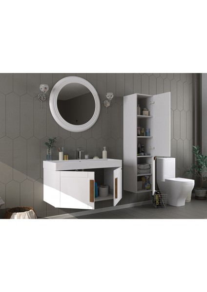 Pio 100CM Antique White (Beyaz) Ahşap Kulplu Banyo Dolabı (Ayna+Lavabo+Alt Dolap) fiyatları