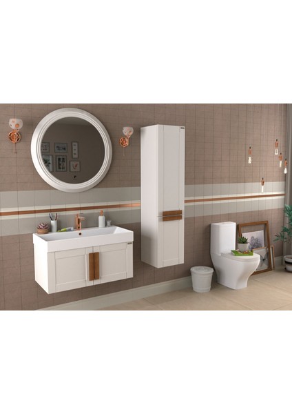 Pio 100CM Antique White (Beyaz) Ahşap Kulplu Banyo Dolabı (Ayna+Lavabo+Alt Dolap) fırsatları