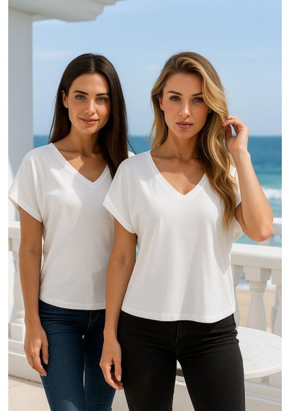 Kadın Beyaz Viskon Ön Arka V Yakalı T-Shirt Yarasa Kol Relaxed Bluz fiyatları