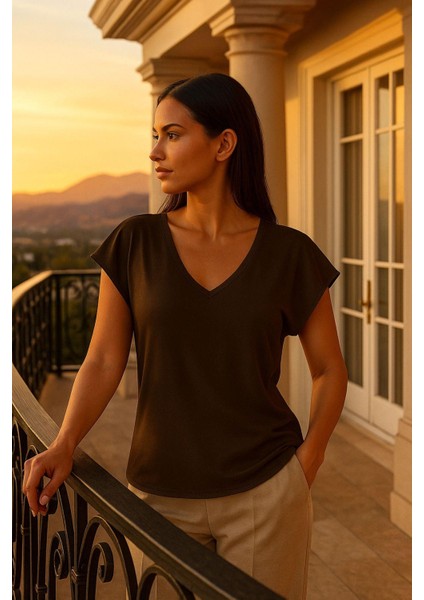 Kadın Kahverengi Viskon Ön Arka V Yakalı T-Shirt Yarasa Kol Relaxed Bluz modelleri