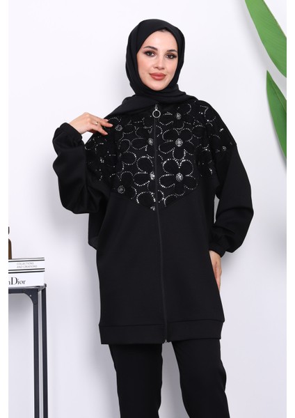 Siyah Çiçek Desenli Fermuarlı Tunik