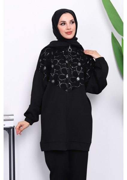 Siyah Çiçek Desenli Fermuarlı Tunik modelleri