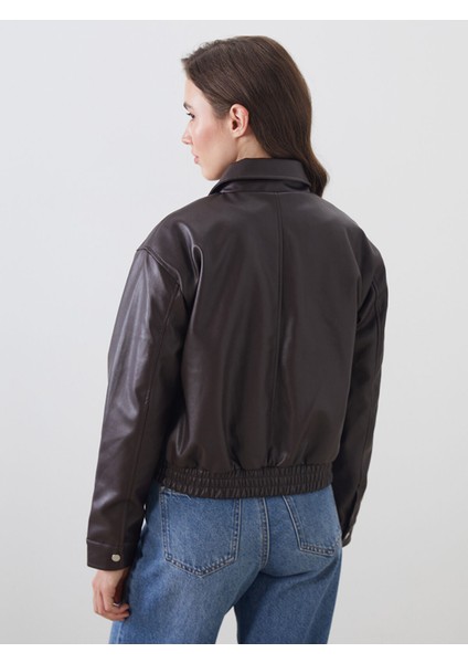 Yeni Sezon Gömlek Yaka Kadın Deri Görünümlü Ceket indirimleri