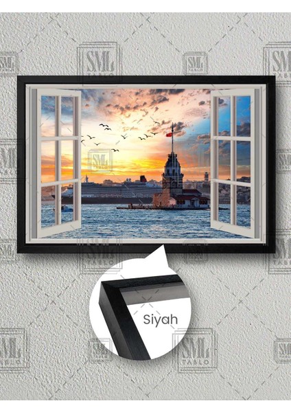 Beyaz Pencereden Kız Kulesi Manzarası Galata Istanbul Boğazı Çerçeveli Yatay Kanvas Tablo