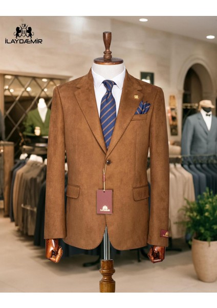 Italyan Kesim Özel Tasarım Erkek Blazer Süet Ceket Tarçın