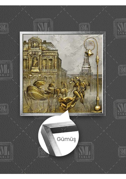 Sokak Lambası Dans Eden Romantik Aşıklar Rölyef Gold Dekor Çerçeveli Kare Kanvas Tablo