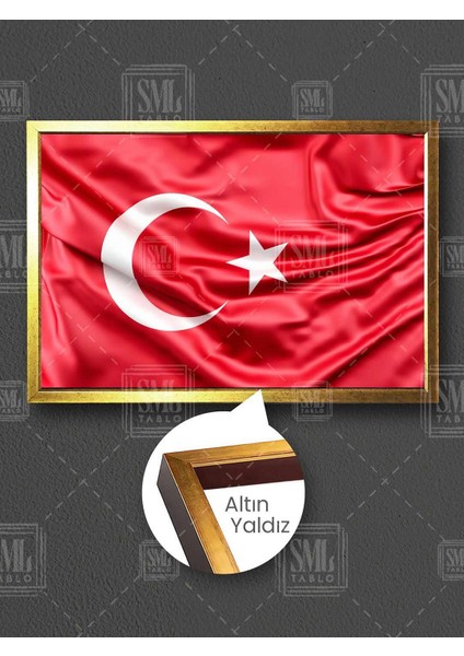 Dalgalanan Asil Türk Bayrağı Şanlı Bayrak Ay Yıldız Çerçeveli Yatay Kanvas Tablo