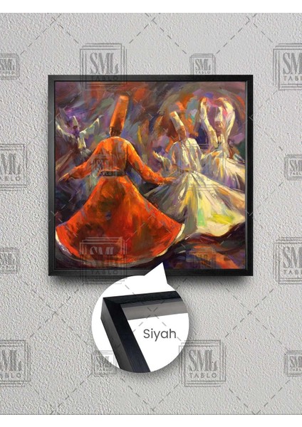 Mevlana Dönen Semazenler Sufizm Raks Eden Semazen Islam Dekor Çerçeveli Kare Kanvas Tablo