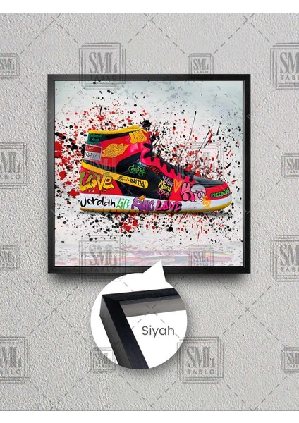 Kırmızı Sneaker Ayakkabı Grafitti Genç Odası Dekor Çerçeveli Kare Kanvas Tablo