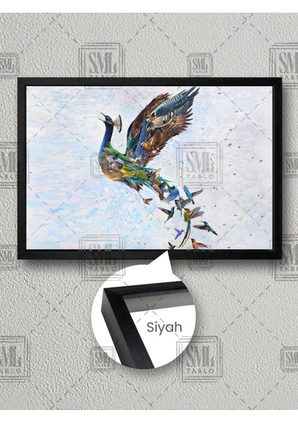 Renkli Anka Kuşu Kanatlarında Yavrular Simurg Çerçeveli Yatay Kanvas Tablo