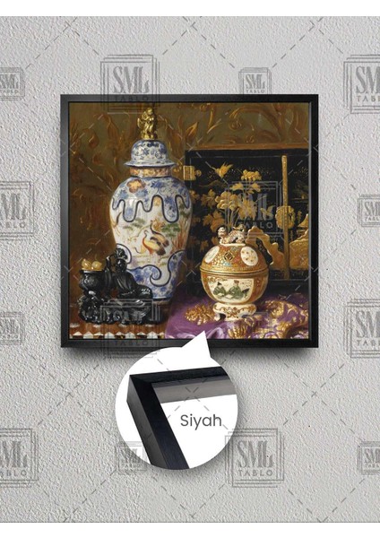 Uzak Doğu Antika Vazolar Heykelcik Işlemeli Örtü Çerçeveli Kare Kanvas Tablo