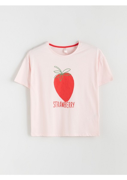 Yeni Sezon Bisiklet Yaka Çilek Baskılı Kadın Pijama Üstü