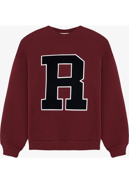 R Nakışlı Oversize Sweatshirt Bordo