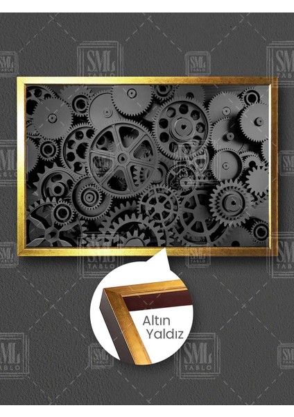 Mekanik Dişliler Çalışan Çark Zaman Saat Makine Sanayi Çerçeveli Yatay Kanvas Tablo