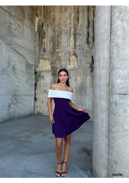 Esnek Krep Kumaş Degaje Yaka Abiye Mini Elbise 583238 Mor