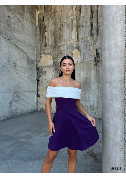 Esnek Krep Kumaş Degaje Yaka Abiye Mini Elbise 583238 Mor fiyatları