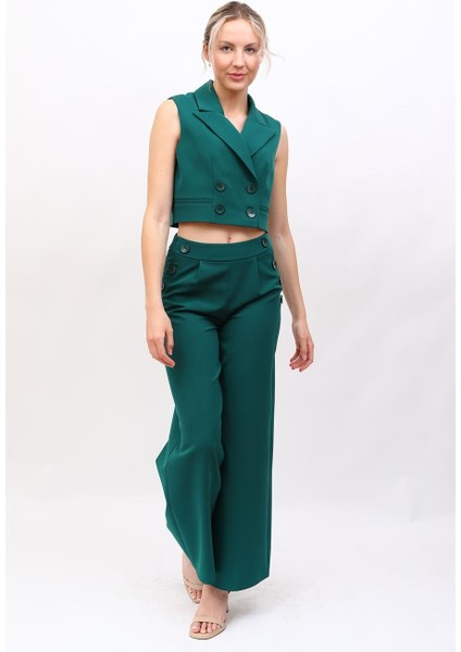 Crop Yelek & Düğmeli Bol Paça Pantolon Takım-Zümrüt