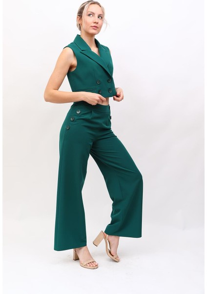Crop Yelek & Düğmeli Bol Paça Pantolon Takım-Zümrüt fiyatları