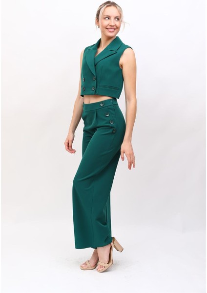 Crop Yelek & Düğmeli Bol Paça Pantolon Takım-Zümrüt modelleri