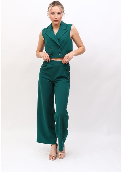 Crop Yelek & Düğmeli Bol Paça Pantolon Takım-Zümrüt fırsatları
