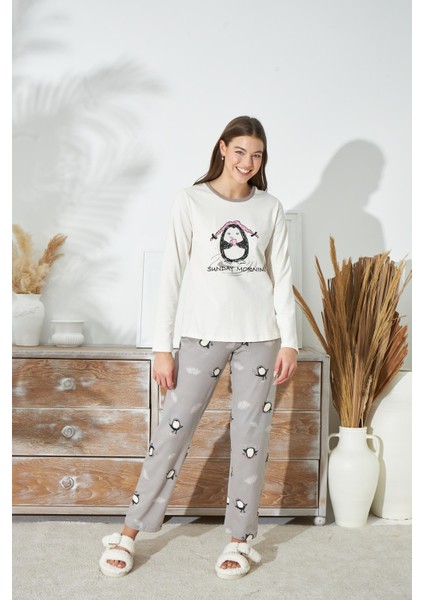 Kadın Krem Renk Uzun Kol Bisiklet Yaka Baskılı Pijama Takımı C3T7N941
