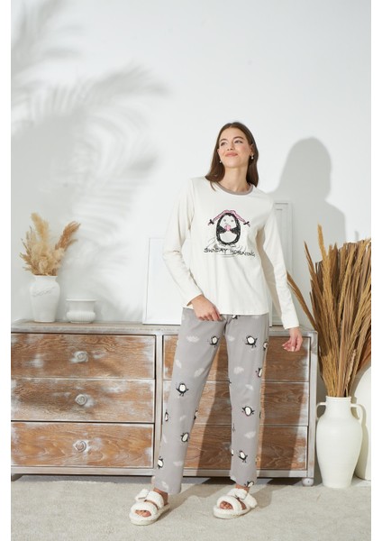 Kadın Krem Renk Uzun Kol Bisiklet Yaka Baskılı Pijama Takımı C3T7N941 fiyatları