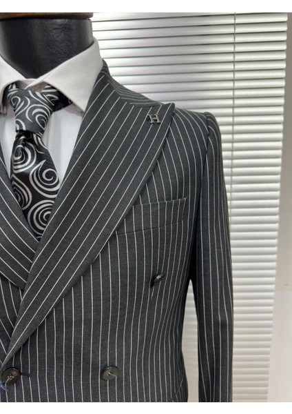 Modern Fit Kruvaze Çizgili Takım Elbise indirimleri