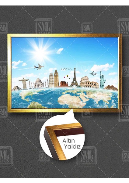Dünya Haritası Seyahat Acentası Tatil Rotaları Eyfel Pisa Kulesi Piramit Çerçeveli Yatay Kanvas Tablo