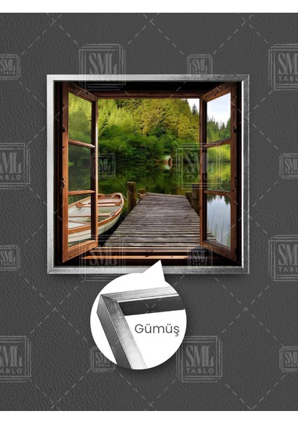 Yeşil Orman ve Göl Manzarasına Açılan Ahşap Pencere Huzur Çerçeveli Kare Kanvas Tablo