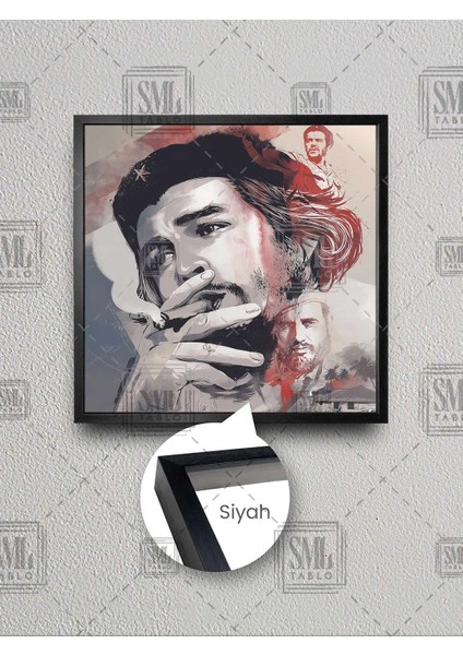 Küba Devrimci Lider Che Guevara Ilüstrasyonu Çerçeveli Kare Kanvas Tablo