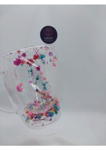 Isıya Dayanıklı Çift Cidarlı Kurutulmuş Canlı Çiçekli Kupa