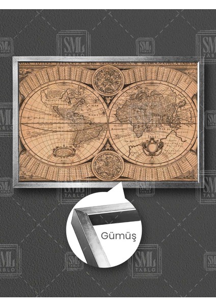 Vintage Eskitme Dünya Haritası Coğrafya Sepya Harita Çerçeveli Yatay Kanvas Tablo