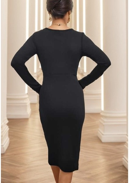 Kadın Uzun Kollu Yandan Büzgülü Yırtmaç Detay Kaşkorse Midi Boy Elbise