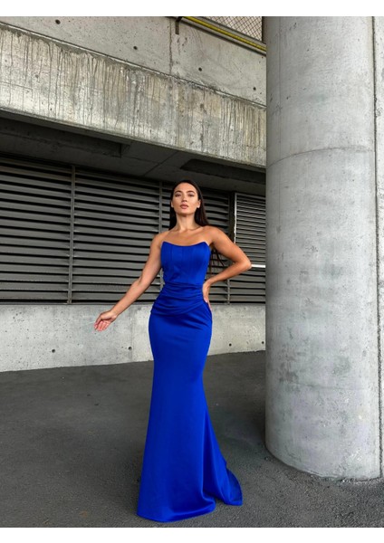 Scuba Straplez Uzun Elbise Saks 583301