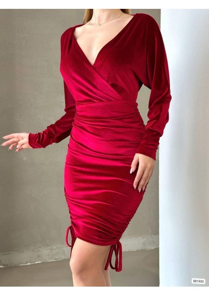 Drapeli Kruvaze Yaka Mini Boy Kadife Kumaş Abiye Elbise 581933 Kırmızı modelleri