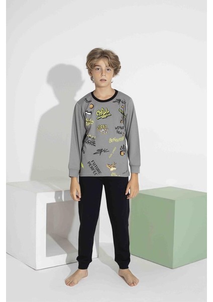 Erkek Çocuk Renkli Baskılı Uzun Kol Pijama Takımı - Interlok Kumaş 7413G fırsatları