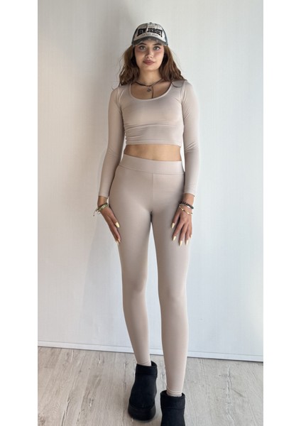 Kadın Uzun Kollu Crop Yüksek Bel Slim Fit Tayt Ikili Takım